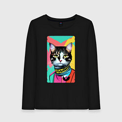 Лонгслив хлопковый женский Pop art cat - neural network, цвет: черный