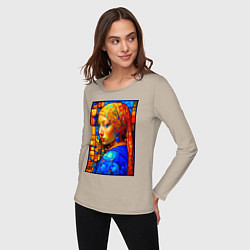Лонгслив хлопковый женский Девушка с жемчужной серёжкой - мозаика, цвет: миндальный — фото 2