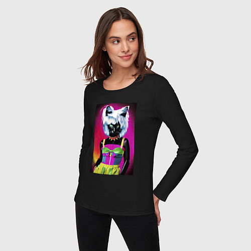 Женский лонгслив Cat fashionista - pop art - neural network / Черный – фото 3