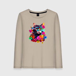 Лонгслив хлопковый женский Котик в цветах - нейросеть, цвет: миндальный