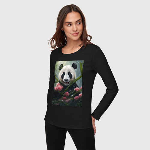 Женский лонгслив Панда в цветах под дождём - нейросеть / Черный – фото 3