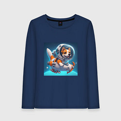 Лонгслив хлопковый женский Песик на космическом корабле, цвет: тёмно-синий