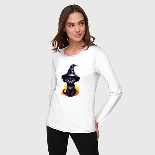 Женский лонгслив Черный кот в шляпе хэллоуин / Белый – фото 3