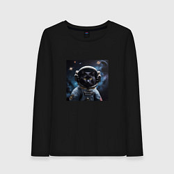 Лонгслив хлопковый женский Черный котик космонавт, цвет: черный