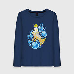 Лонгслив хлопковый женский Птица Сирин в цветах по мотивам гжельской росписи, цвет: тёмно-синий