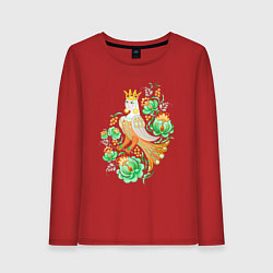 Лонгслив хлопковый женский Птица Сирин среди русского орнамента, цвет: красный