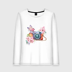 Лонгслив хлопковый женский Фотоаппарат в цветах и бабочки, цвет: белый