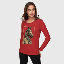 Лонгслив хлопковый женский Конь в бежевом пальто, цвет: красный — фото 2