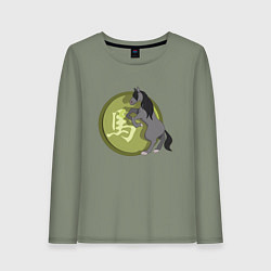 Лонгслив хлопковый женский Год лошади на китайском, цвет: авокадо