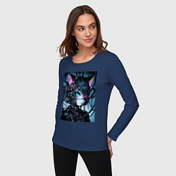 Лонгслив хлопковый женский Cyber cat - ai art, цвет: тёмно-синий — фото 2
