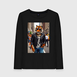 Лонгслив хлопковый женский Cool tiger on the streets of New York - ai art, цвет: черный