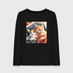 Лонгслив хлопковый женский Милые котята под одеялом, цвет: черный