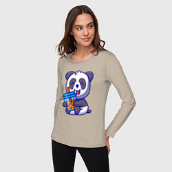Лонгслив хлопковый женский Панда с напитком, цвет: миндальный — фото 2