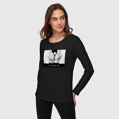 Женский лонгслив Попа кролика - иероглифы - готов к игре / Черный – фото 3