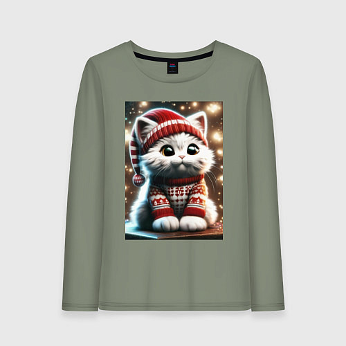 Женский лонгслив Котик в новогоднем свитере / Авокадо – фото 1