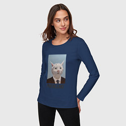 Лонгслив хлопковый женский Приемлемо - кот мем в живописи, цвет: тёмно-синий — фото 2