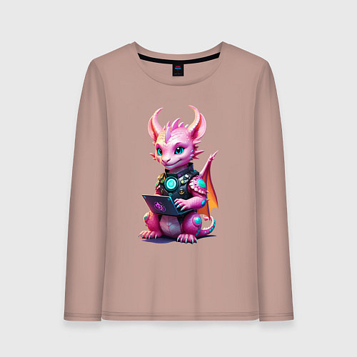 Женский лонгслив Дракончик с ноутбуком - киберпанк / Пыльно-розовый – фото 1