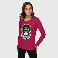 Лонгслив хлопковый женский Портрет обезьяны в шляпе, цвет: маджента — фото 2