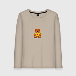 Лонгслив хлопковый женский Игрушечный мишка в желтом свитере и сердце, цвет: миндальный