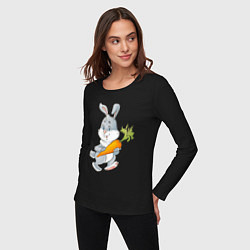 Лонгслив хлопковый женский Мультяшный заяц с морковкой, цвет: черный — фото 2
