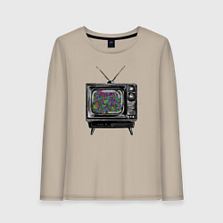 Лонгслив хлопковый женский Старый телевизор цветной шум, цвет: миндальный
