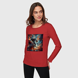 Лонгслив хлопковый женский Портрет кота в космической туманности, цвет: красный — фото 2