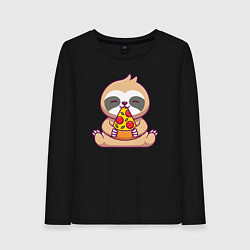 Лонгслив хлопковый женский Ленивец ест пиццу, цвет: черный