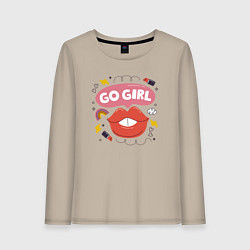 Лонгслив хлопковый женский Go girl lips, цвет: миндальный