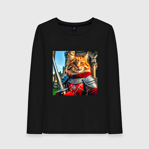 Женский лонгслив Рыжий кот рыцарь с мечом / Черный – фото 1