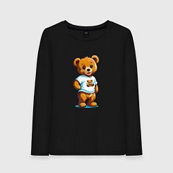 Лонгслив хлопковый женский Медвежонок в футболке, цвет: черный