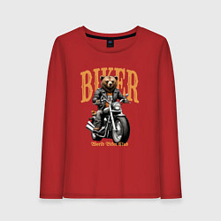 Лонгслив хлопковый женский Байкер медведь на мотоцикле, цвет: красный