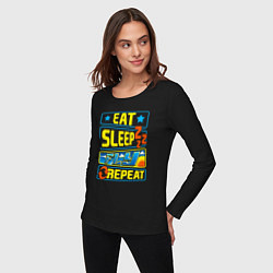 Лонгслив хлопковый женский Eat sleep fly, цвет: черный — фото 2