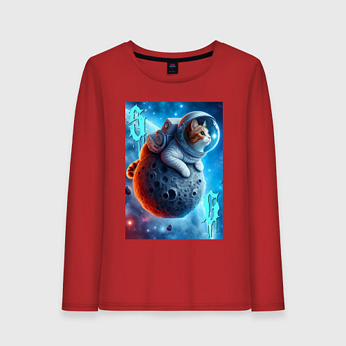 Женский лонгслив Space cat - ai art / Красный – фото 1