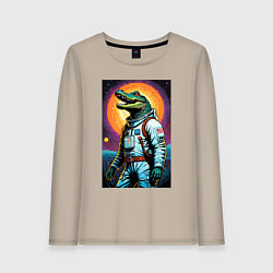 Лонгслив хлопковый женский Крокодил космонавт - нейросеть, цвет: миндальный