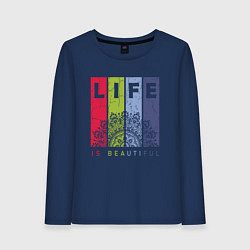 Лонгслив хлопковый женский Мандала life is beautiful, цвет: тёмно-синий