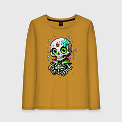 Лонгслив хлопковый женский Скелет и звёзды зелёный, цвет: горчичный