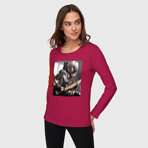 Женский лонгслив Девчонка рок гитарист с чёрным котом / Маджента – фото 3