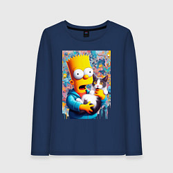 Лонгслив хлопковый женский Bart Simpson with a kitten - ai art, цвет: тёмно-синий