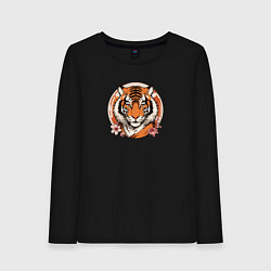 Лонгслив хлопковый женский Тигр в ретро стиле, цвет: черный
