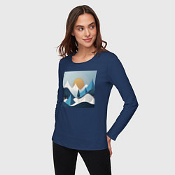 Лонгслив хлопковый женский Горный пейзаж - абстракция с горами, цвет: тёмно-синий — фото 2