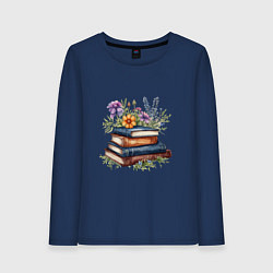 Лонгслив хлопковый женский Стопка книг с полевыми цветами, цвет: тёмно-синий