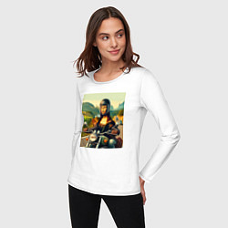 Лонгслив хлопковый женский Mona Lisa on a motorcycle - ai art, цвет: белый — фото 2
