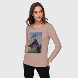 Лонгслив хлопковый женский Геральд и плотва на крыше - обложка карты из Гвинт, цвет: пыльно-розовый — фото 2