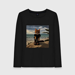 Лонгслив хлопковый женский Пляжный котик, цвет: черный