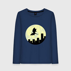 Лонгслив хлопковый женский Дракон, летящий над городом, цвет: тёмно-синий