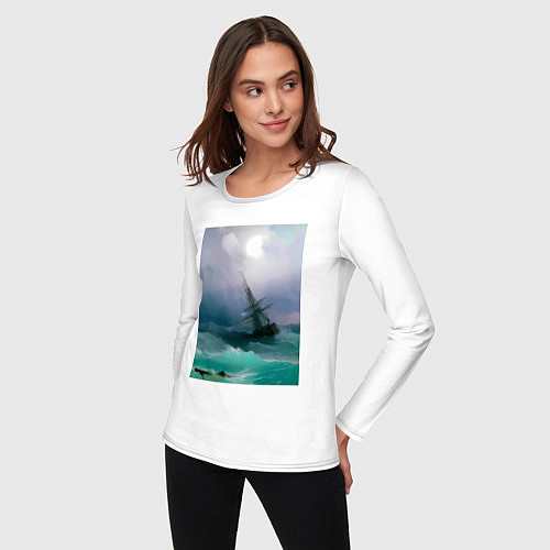Женский лонгслив Корабль среди бурного моря / Белый – фото 3