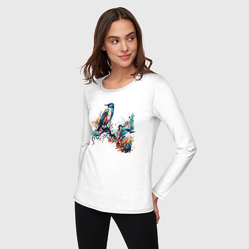 Женский лонгслив Птицы на ветке дерева / Белый – фото 3