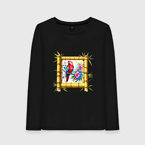 Женский лонгслив Попугай в рамке из бамбука / Черный – фото 1