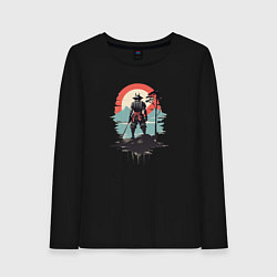 Лонгслив хлопковый женский Силуэт самурая на закате, цвет: черный
