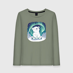 Лонгслив хлопковый женский Белый медвежонок под северным сиянием, цвет: авокадо